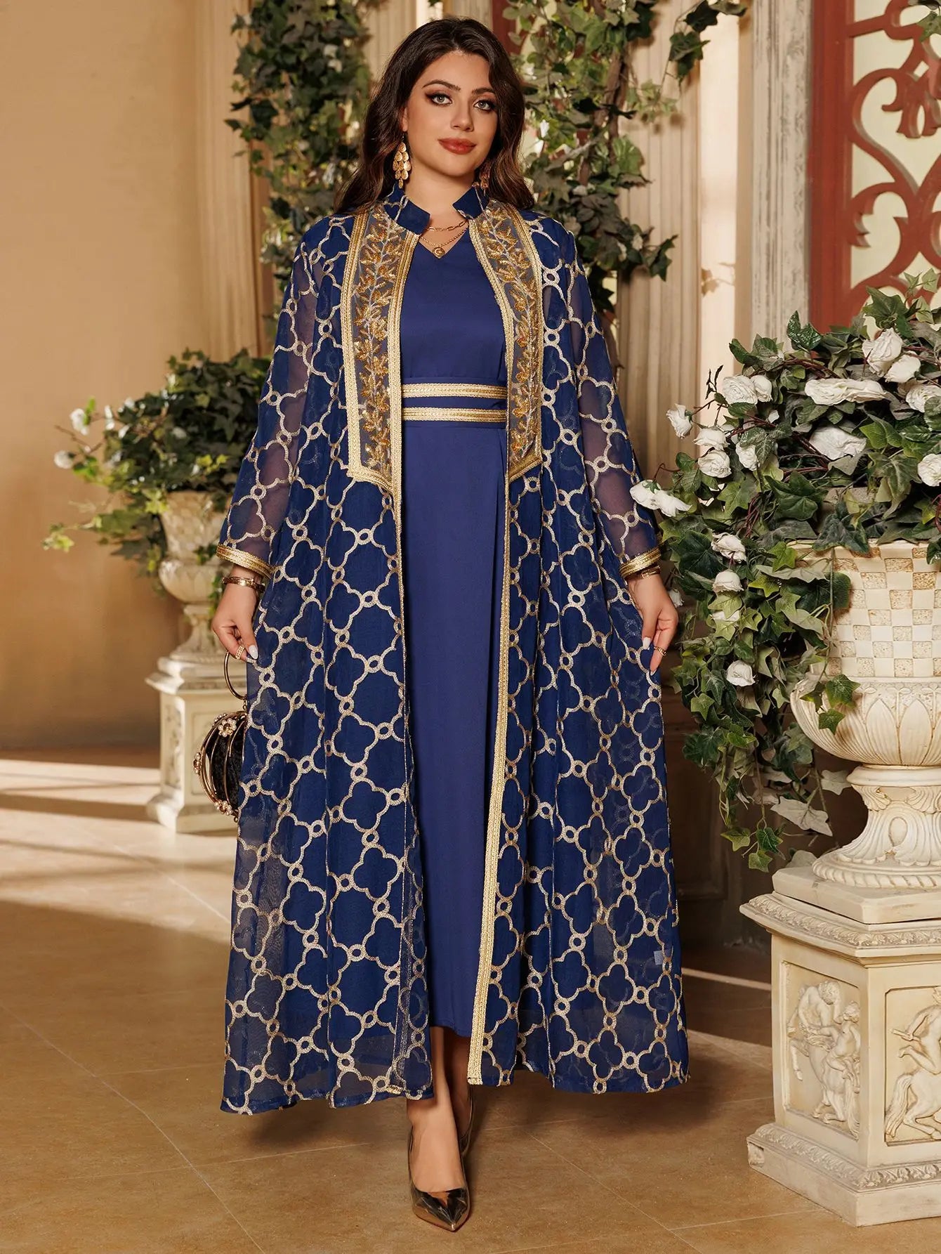 Abaya 2 Pièces - Ensemble Robe Longue & Cardigan Brodé Style Marocain Dubaï