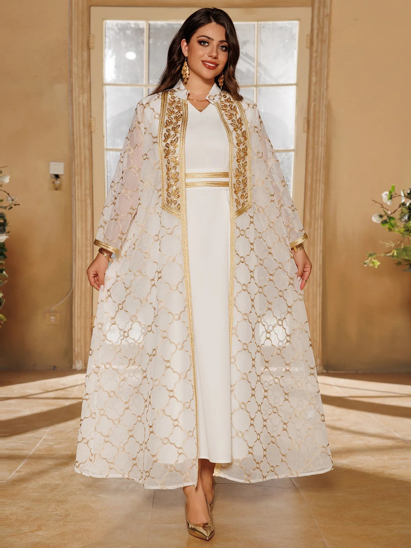 Abaya 2 Pièces - Ensemble Robe Longue & Cardigan Brodé Style Marocain Dubaï