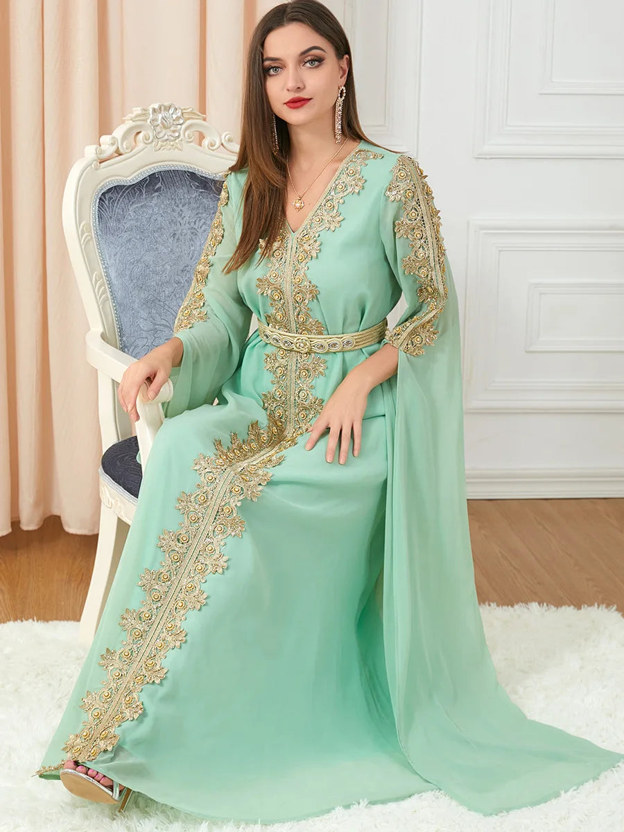 Abaya Style Marocain - Robe Islamique Longue de Soirée avec Ceinture