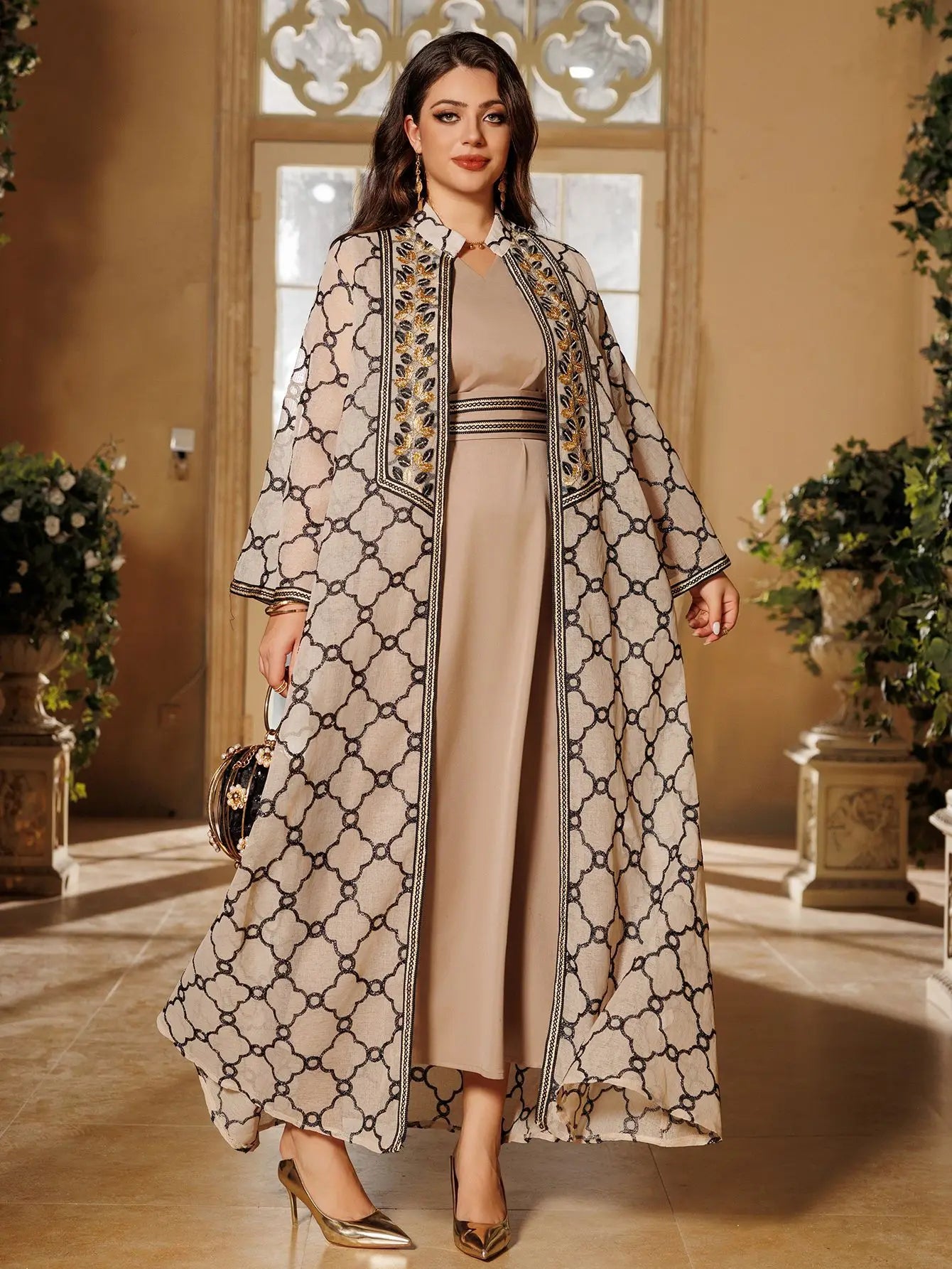 Abaya 2 Pièces - Ensemble Robe Longue & Cardigan Brodé Style Marocain Dubaï