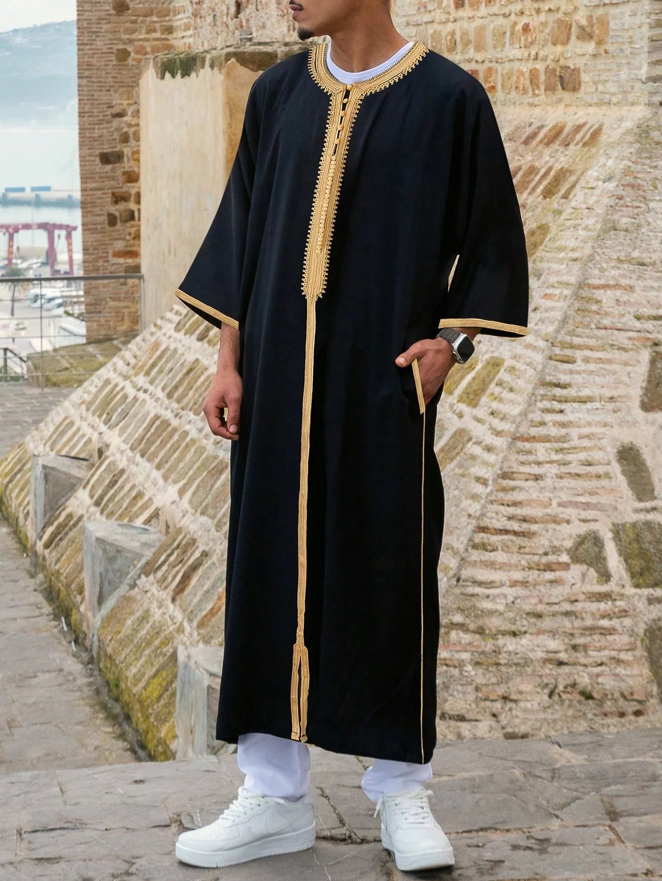 Qamis Homme Marocain Élégant - Jubba Thobe Brodé à Manches Longues
