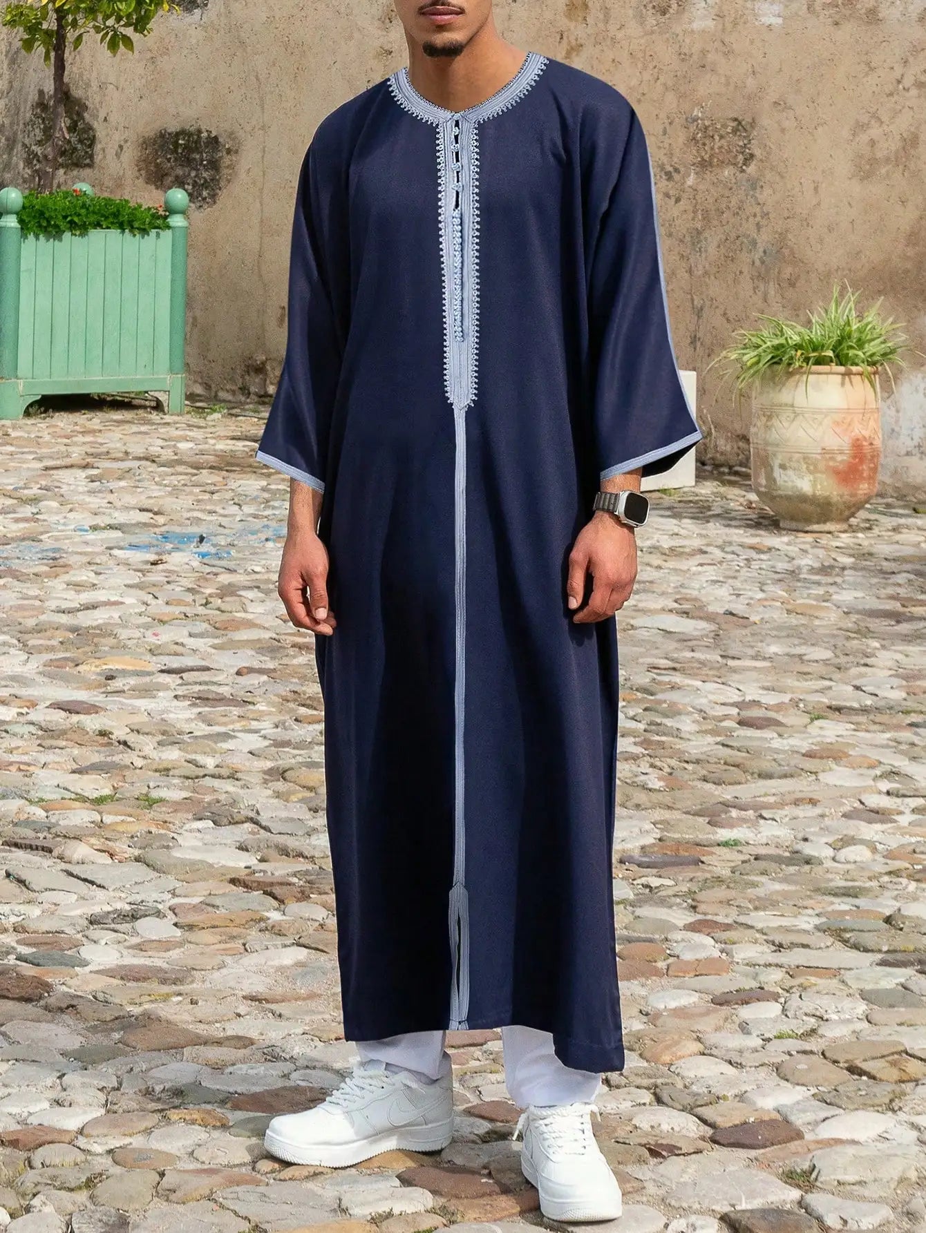Qamis Homme Marocain Élégant - Jubba Thobe Brodé à Manches Longues