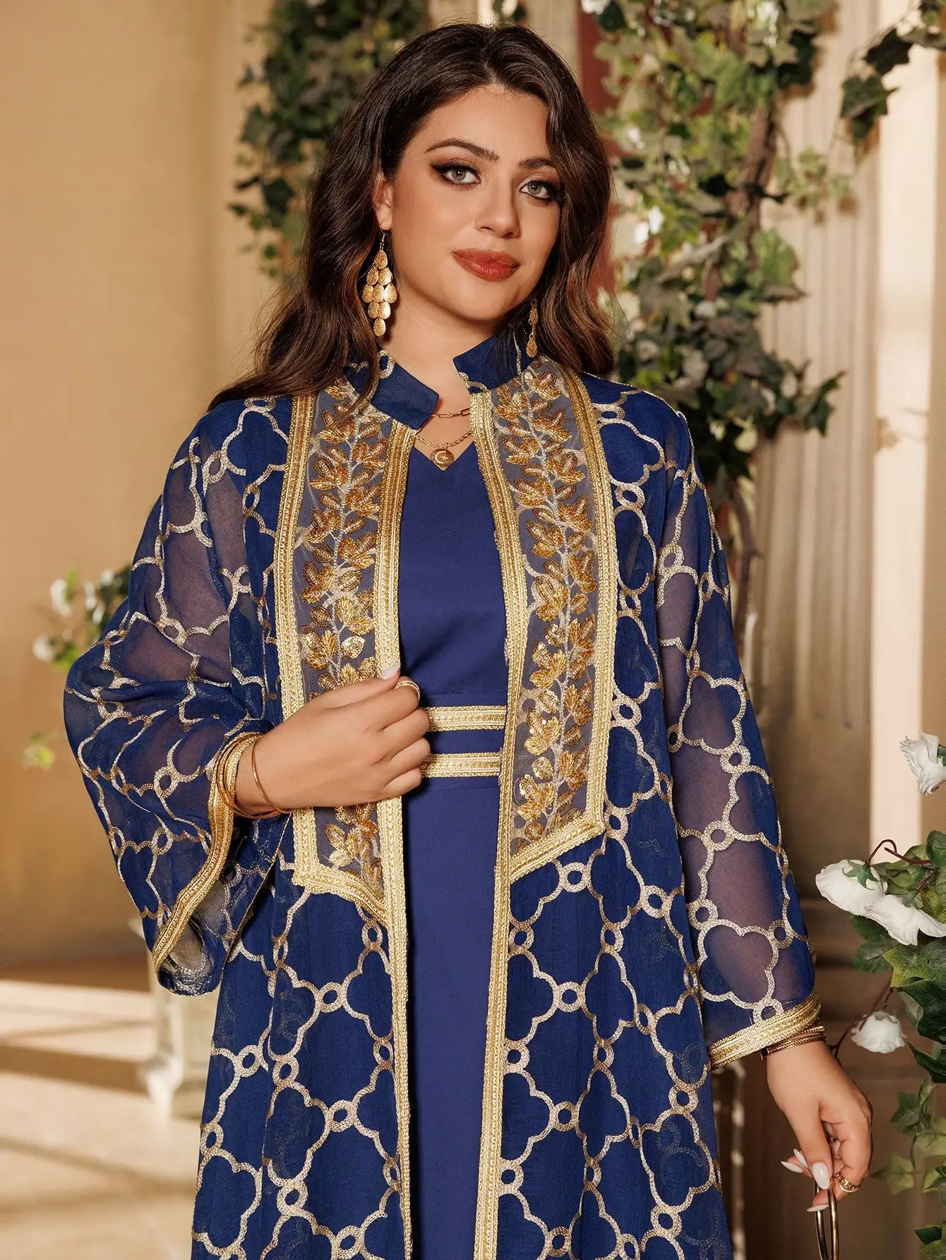 Abaya 2 Pièces - Ensemble Robe Longue & Cardigan Brodé Style Marocain Dubaï