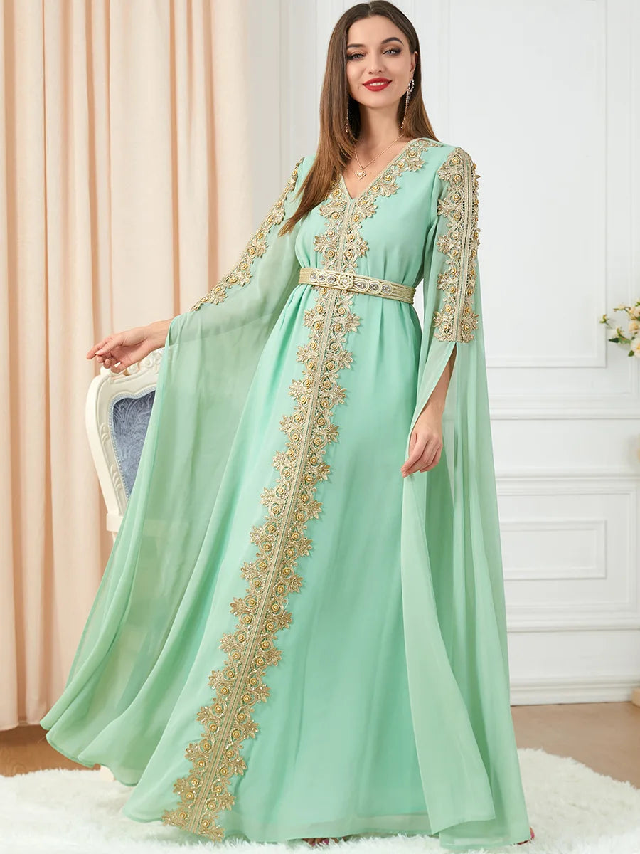 Abaya Style Marocain - Robe Islamique Longue de Soirée avec Ceinture