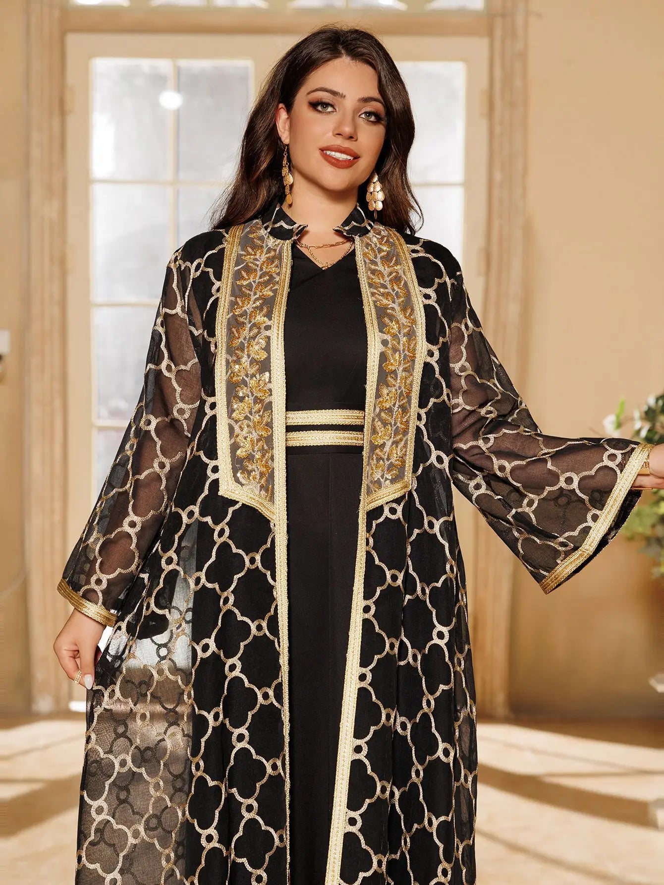 Abaya 2 Pièces - Ensemble Robe Longue & Cardigan Brodé Style Marocain Dubaï