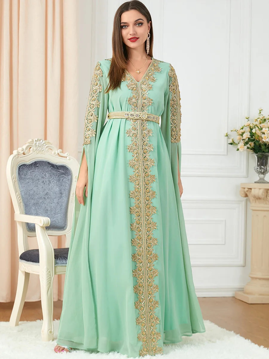 Abaya Style Marocain - Robe Islamique Longue de Soirée avec Ceinture