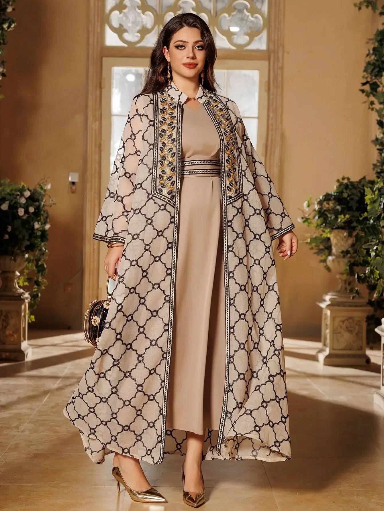 Abaya 2 Pièces - Ensemble Robe Longue & Cardigan Brodé Style Marocain Dubaï