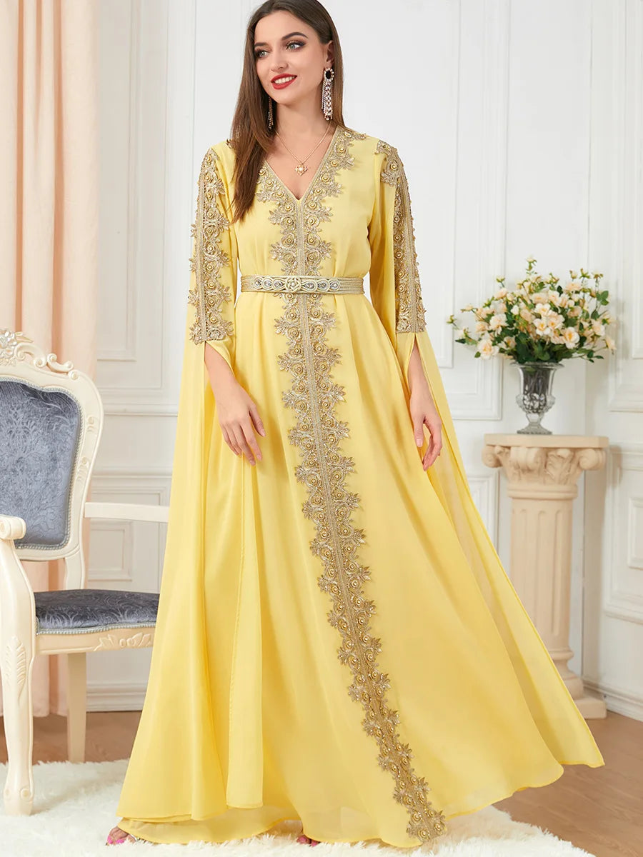 Abaya Style Marocain - Robe Islamique Longue de Soirée avec Ceinture